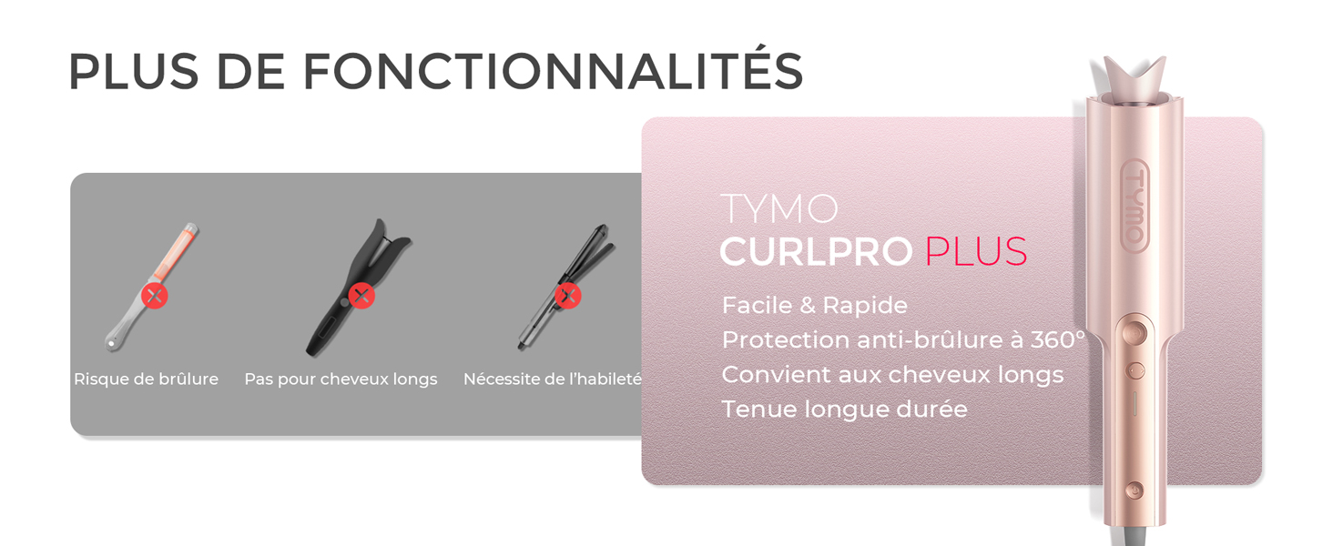 Le texte se lit comme suit : « PLUS DE FONCTIONNALITÉS ». Schéma des caractéristiques du produit montrant trois fonctionnalités différentes du stylet ou de l'outil dans une palette de couleurs gris et rose.