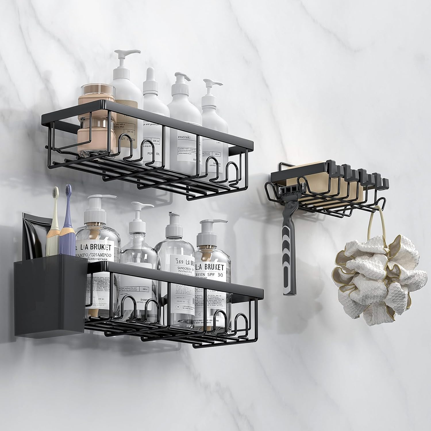 AceMining - Etagere Douche Noir - 3 Pack - Rangement adhésif, crochets, sans perçage