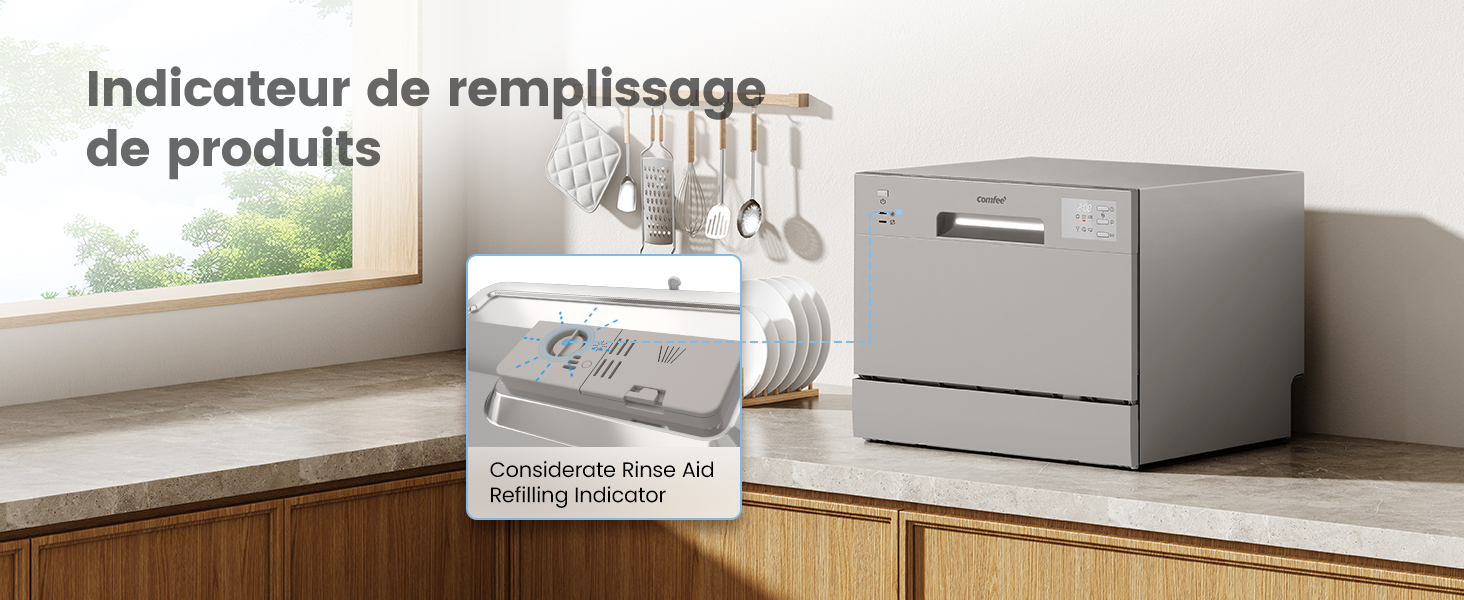 Le texte indique « Indicateur de remplissage ». Vues multiples d'un appareil ou d'un appareil électronique blanc présenté dans un environnement domestique avec des environnements de comptoir de cuisine/salle de bain.