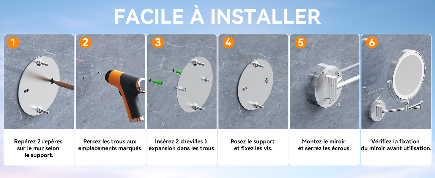 Le texte indique « FACILE À INSTALLER ». Schéma d'instructions montrant les 6 étapes d'installation du produit avec des illustrations numérotées et un texte en français.