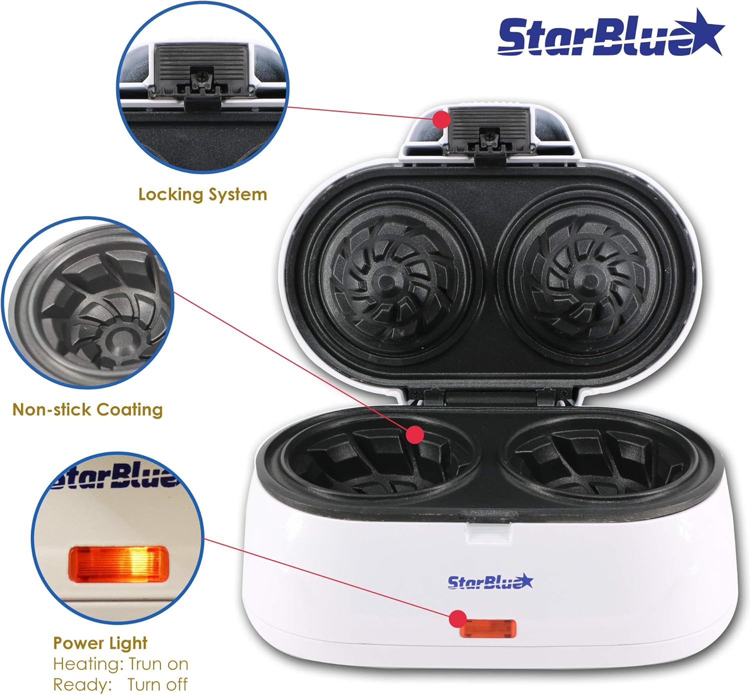 StarBlue - Double Gaufrier - 1200W, 220-240V, gaufres coupelle, prise UK/EU