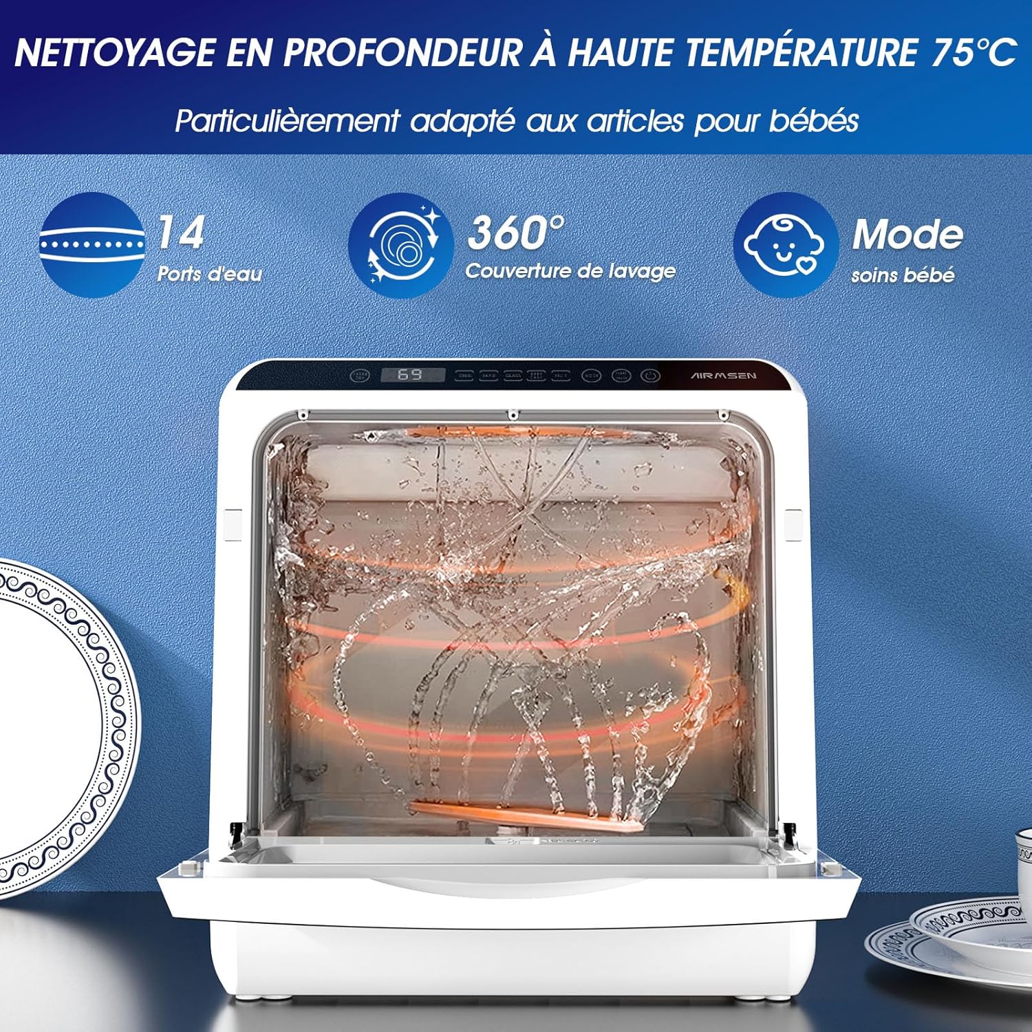 AIRMSEN - Mini lave-vaisselle compact, 5L, 6 programmes, écran LED