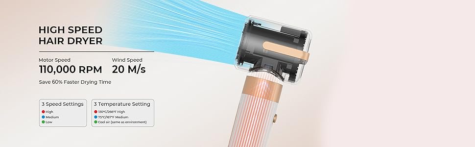 avec visualisation du flux d'air en bleu, doté d'un moteur de 110 000 tr/min et de spécifications de vitesse de 20 m/s affichées sous forme
