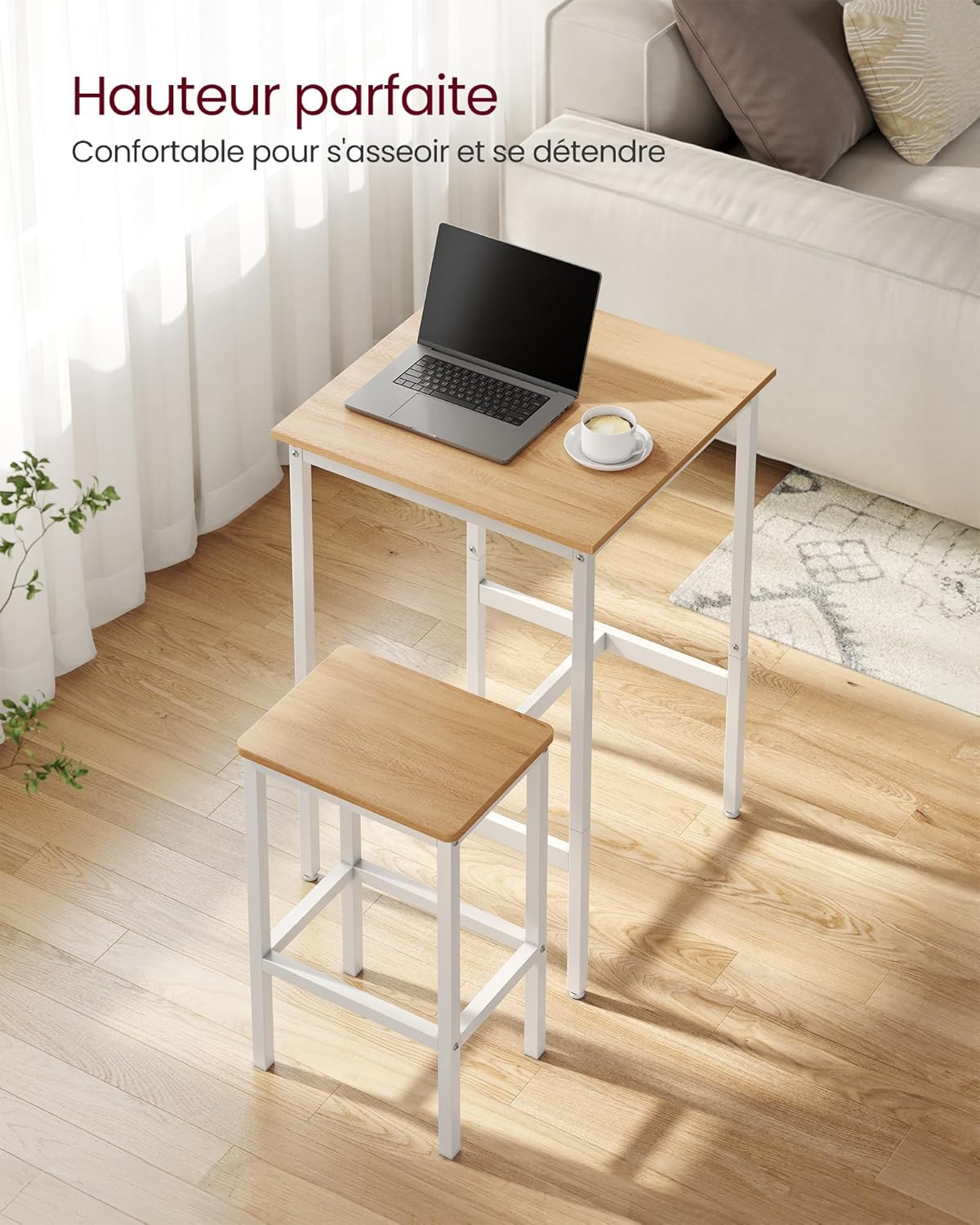 VASAGLE - Table bar & 2 tabourets, chêne doré/blanc, compact, LBT017W09