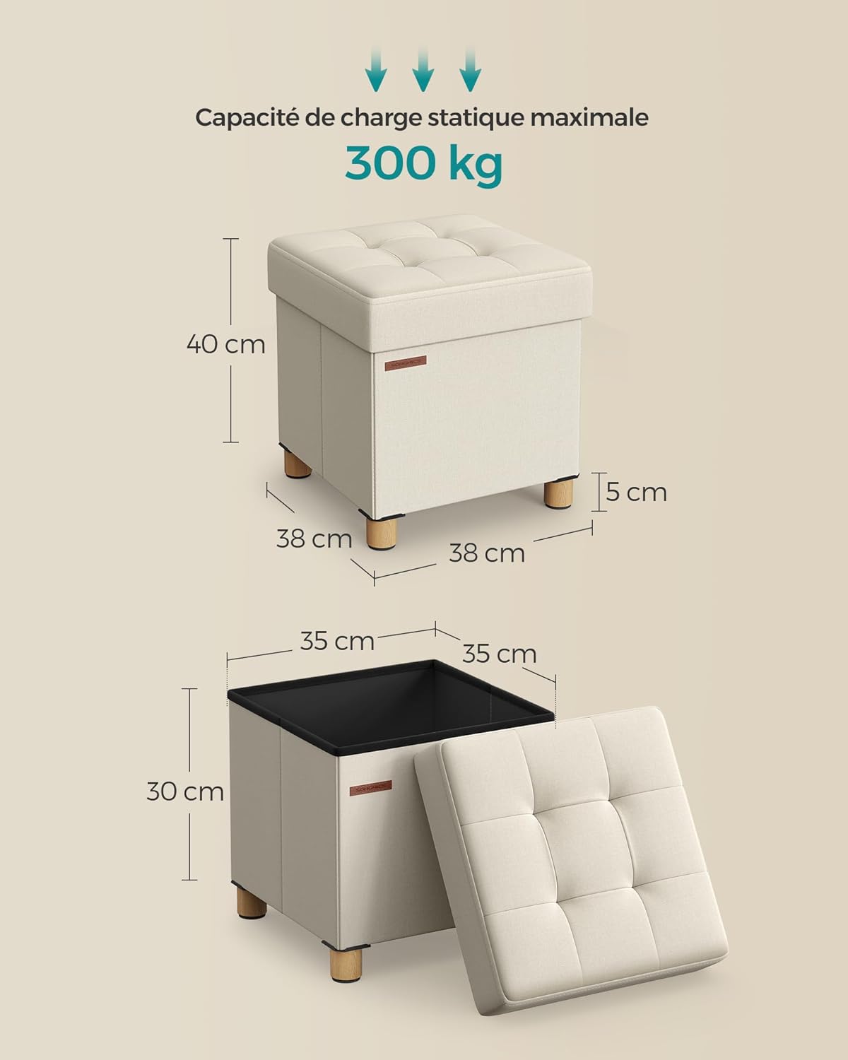 SONGMICS - Tabouret de rangement pliable 38x38x40 cm, supporte 300 kg, blanc crème LSF014W11