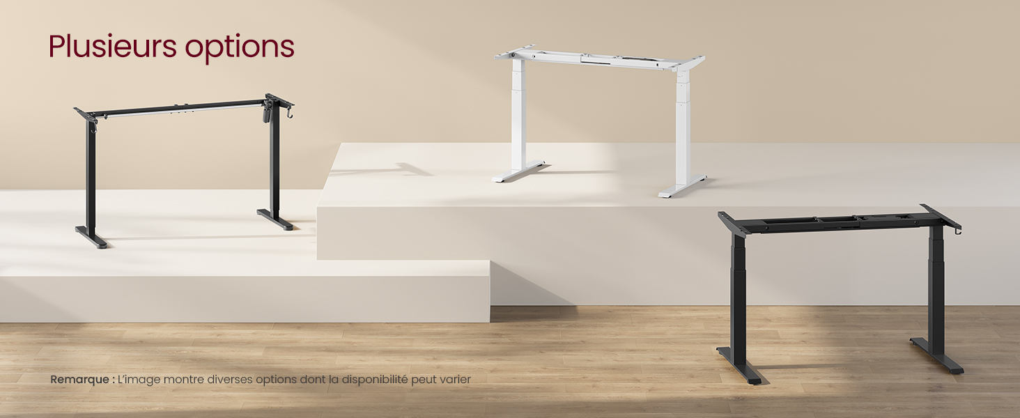 Cadres de bureau réglables en trois couleurs : noir, blanc et ton bois. Construction métallique robuste avec fonctionnalité de réglage motorisé de la hauteur