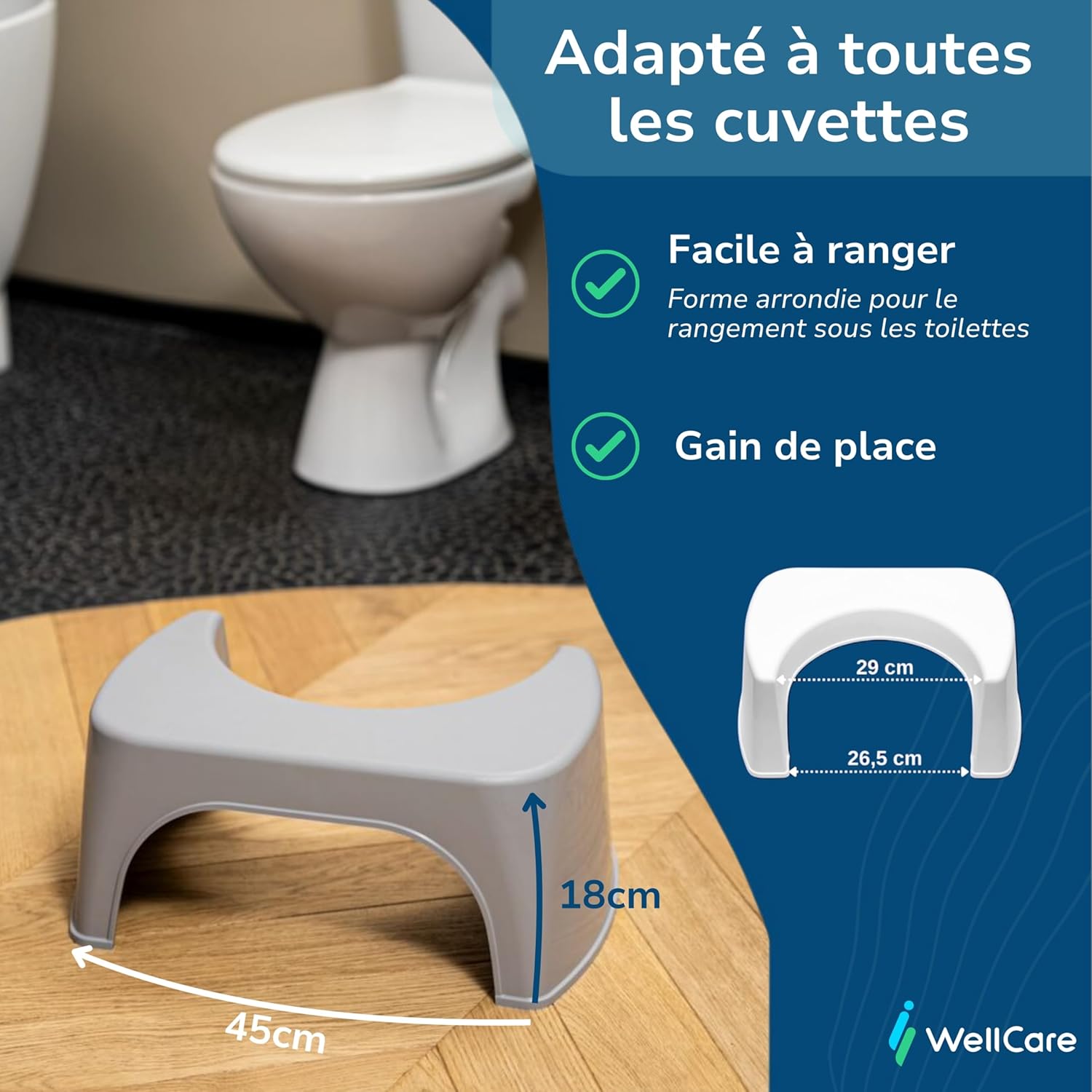 Tabouret de toilette - Gris, plastique recyclé, Fabriqué en France - Compact, position physiologique anti-constipation