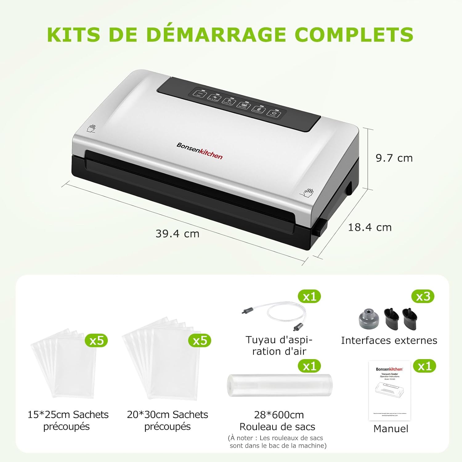 Bonsenkitchen - VS3000 - compacte - 5 modes, cutter, 10 sacs, rouleau