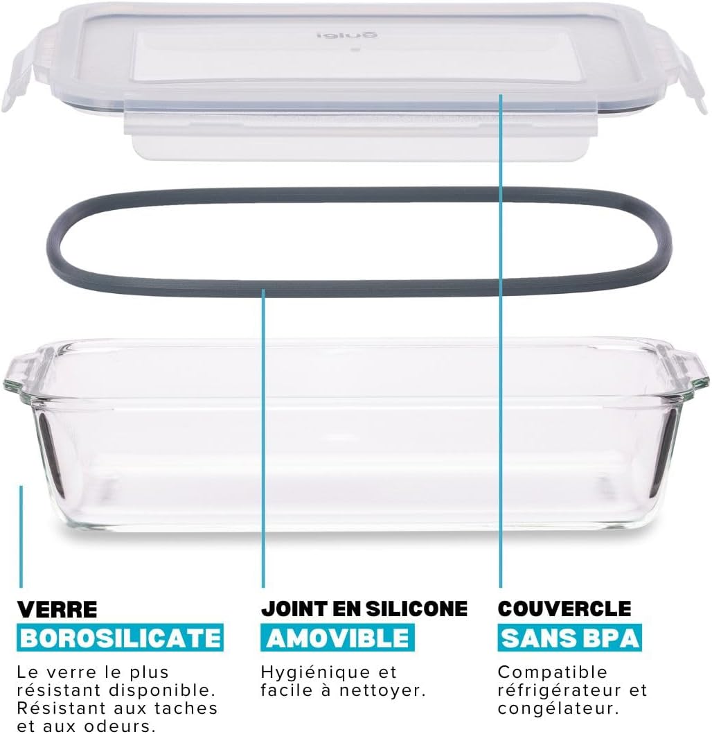 Igluu - Plat à lasagnes en verre - 2,2L - hermétique, micro-ondes, four, lave-vaisselle