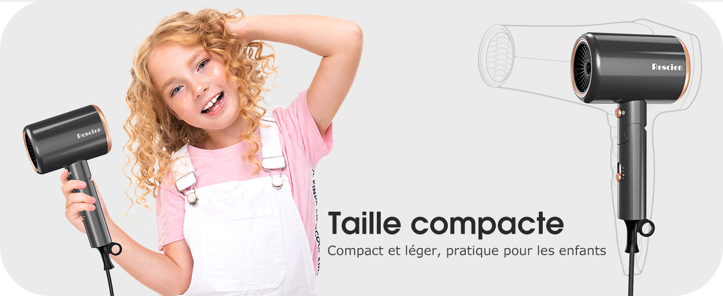 Sèche-cheveux noir compact au design cylindrique. Le texte indique qu'il est léger et pratique pour les enfants. L'image montre le sèche-linge en cours d'utilisation et une vue autonome.