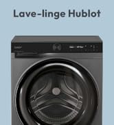 Le texte indique « Lave-linge Hublot ». Machine à laver à chargement frontal de couleur gris foncé représentée sous différents angles, avec porte circulaire et panneau de commande numérique.
