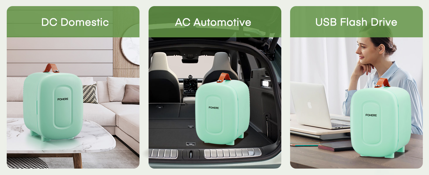 Trois images d'un petit appareil vert menthe dans différents environnements : pièce domestique, coffre de voiture et à côté d'un ordinateur portable, suggérant de multiples cas d'utilisation.