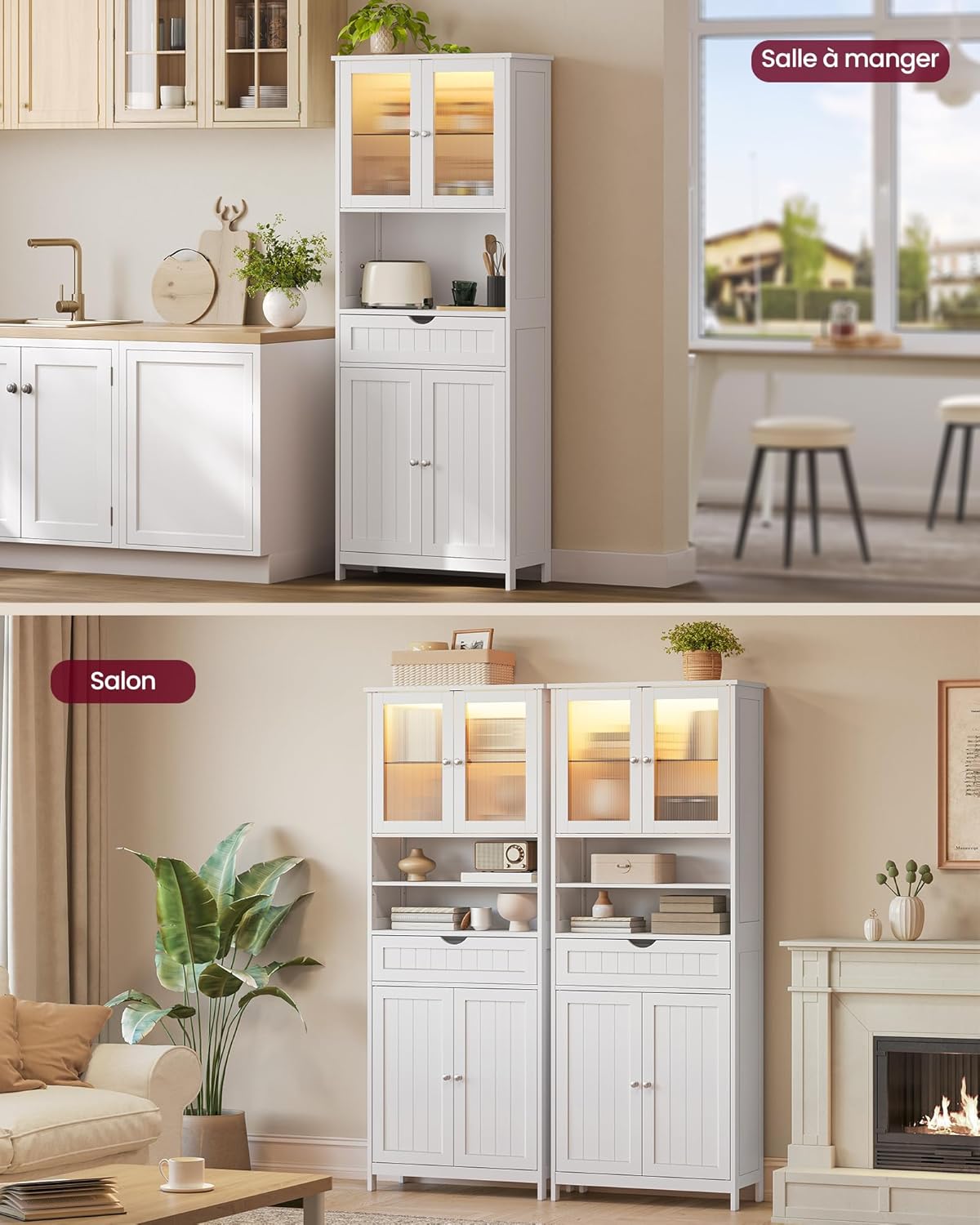 VASAGLE - armoire salle de bain, éclairage, étagères réglables, blanc, BBC767W03