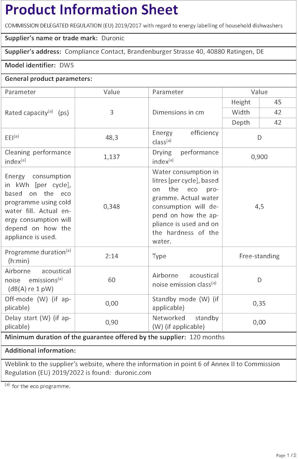 Duronic - DW5 BK - lave-vaisselle compact 950W 7 programmes séchage