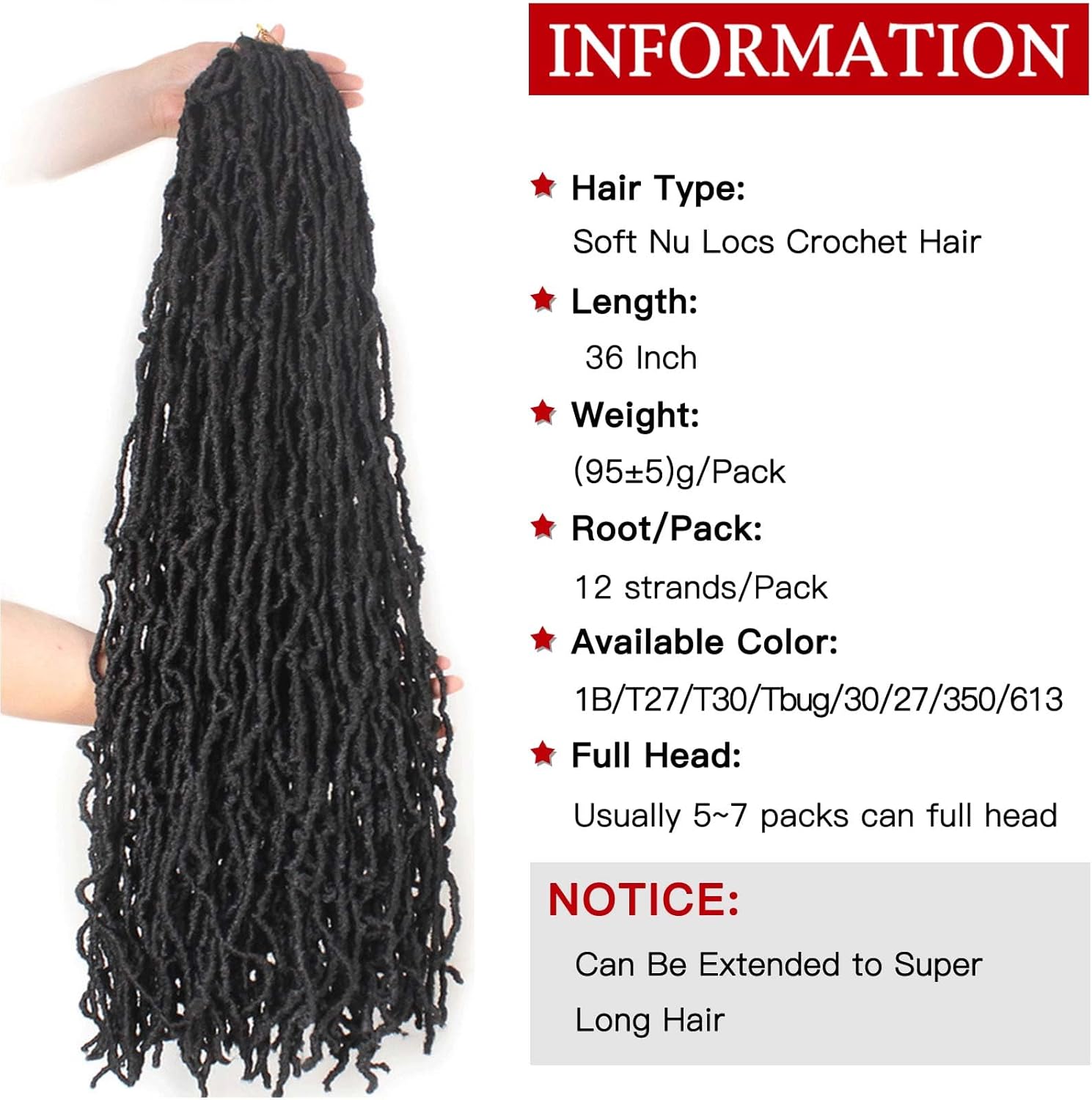 Xtrend - Nu Locs crochet cheveux synthétiques 91 cm, 7x12 mèches, 1B#