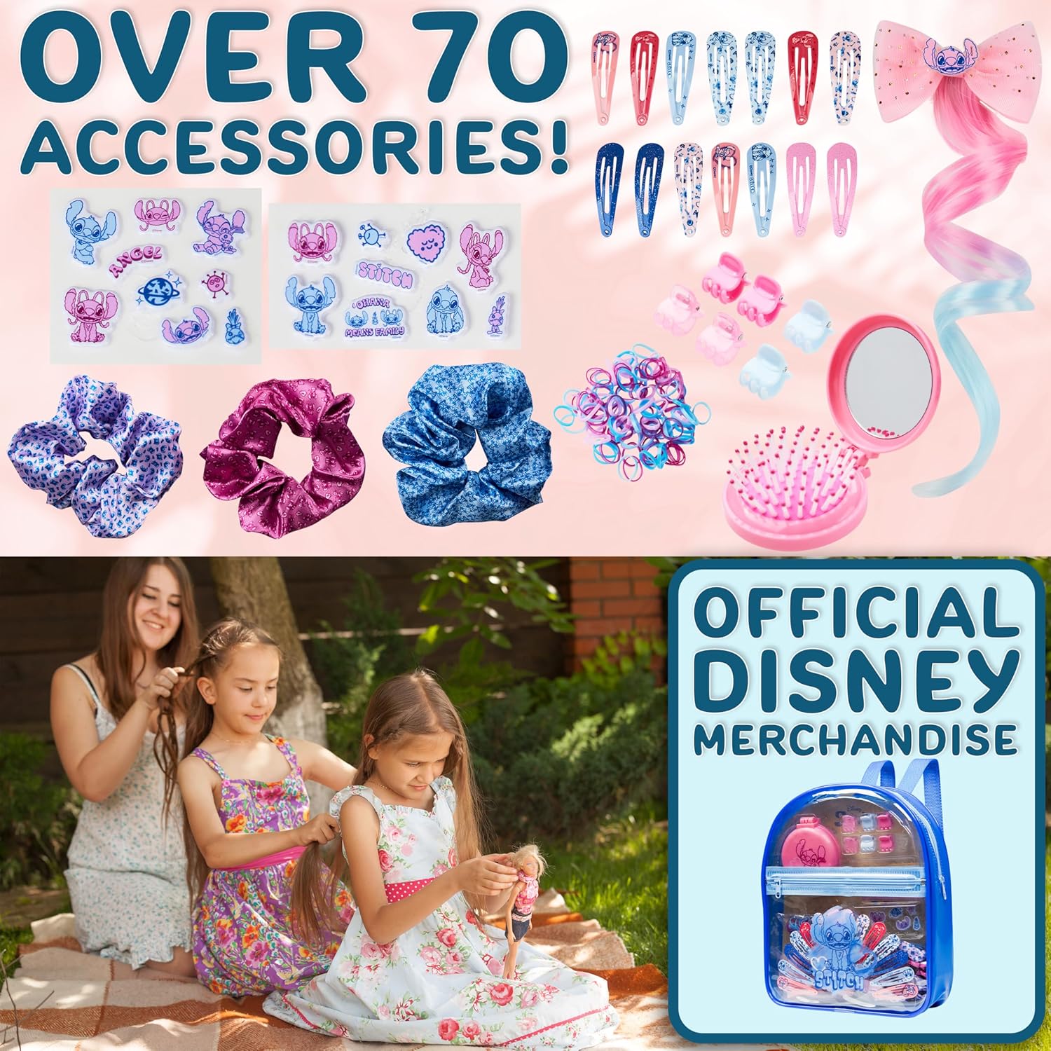 Get Trend - Coffret accessoires cheveux Stitch - sac à dos, barrettes, stickers, brosse pliante, chouchous