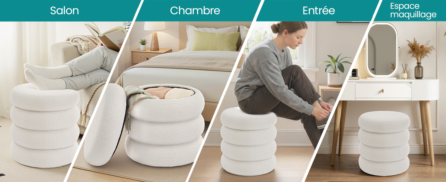 Le texte se lit comme suit : « Salon », « Chambre », « Entrée », « Espace modulaire ». Démonstration de produit présentant un meuble gonflable ou pliable blanc dans différentes configurations et espaces.