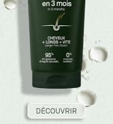 Le texte se lit comme suit : « DÉCOUVRIR ». L'emballage ou les contenants du produit vert foncé sont affichés sur fond blanc avec des éléments de marque visibles.