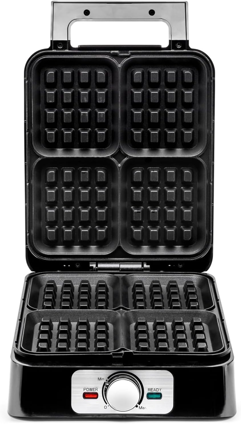 Gaufrier électrique - 1500W, 4 gaufres, inox, plaques antiadhésives, température réglable