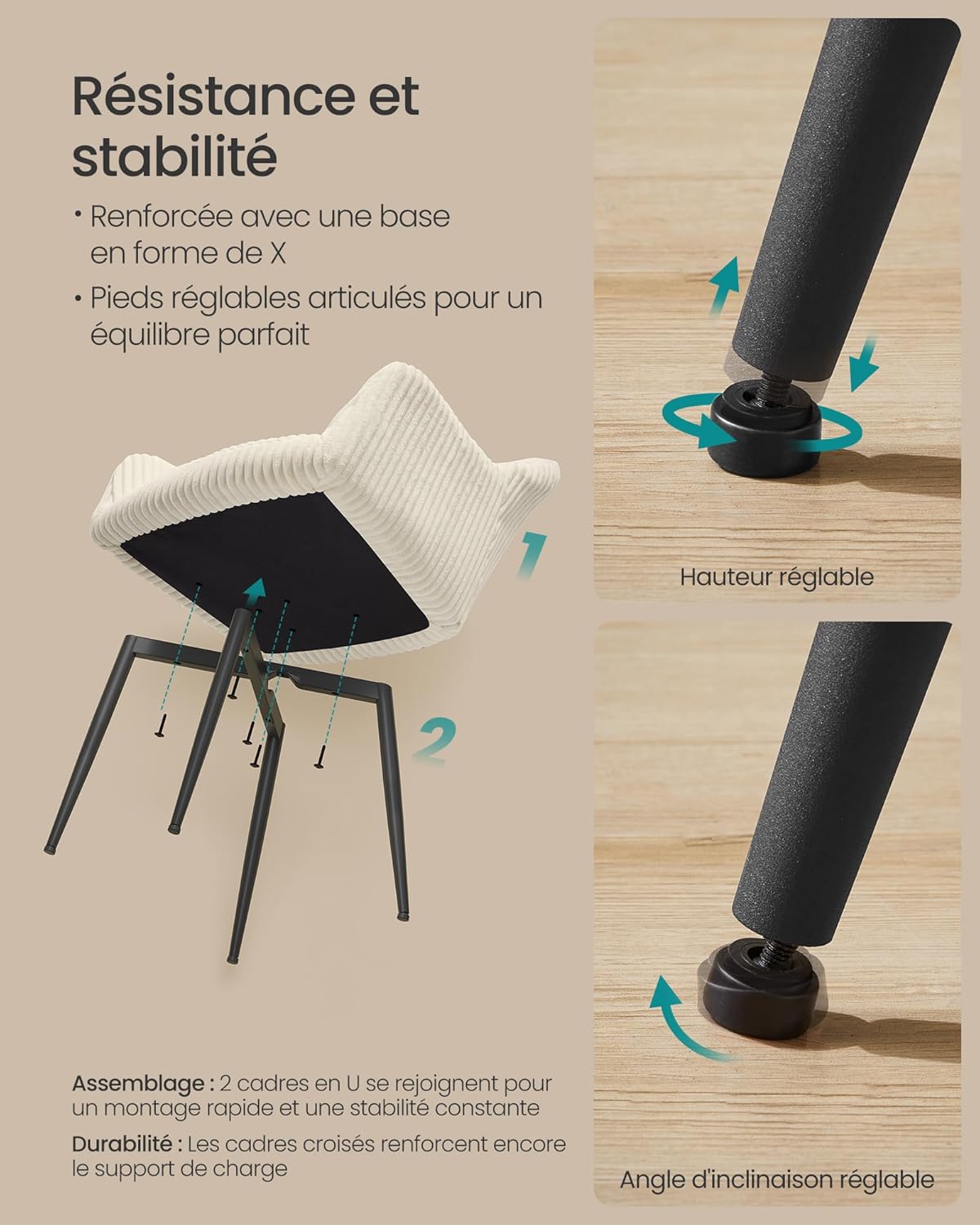 SONGMICS - Chaises salle à manger (lot de 6) - velours, accoudoirs, pieds métal, blanc crème, charge 120 kg - LDC087WD01