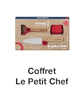 dans son emballage, comprenant un couteau à manche en bois et des accessoires rouges. Labellisé « Coffret Le Petit Chef » par Opinel
