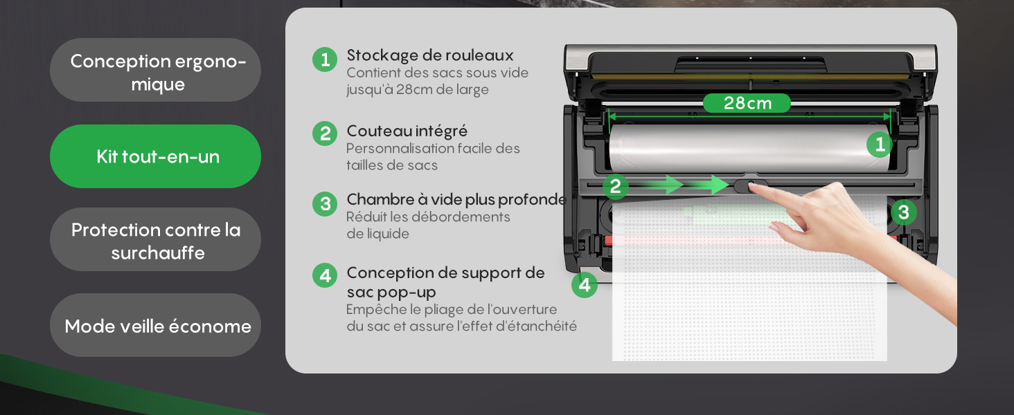 Schéma technique d'installation montrant les mesures des composants et les instructions de montage en français, avec surlignage vert pour les zones clés.