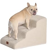 Photos des produits de la rampe pour animaux de compagnie montrant des marches en mousse de couleur crème. French Bulldog a fait une démonstration de l'utilisation de la rampe sous différents angles.