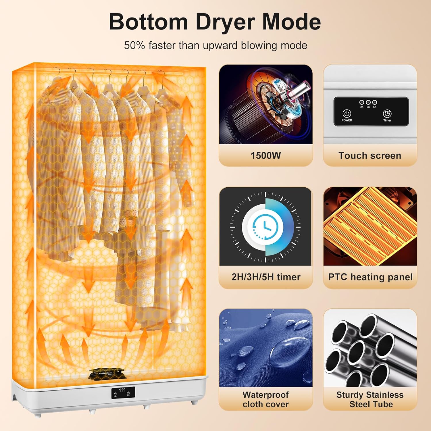 Uten - sèche-linge portable 1500W - amovible, télécommande, housse rangement