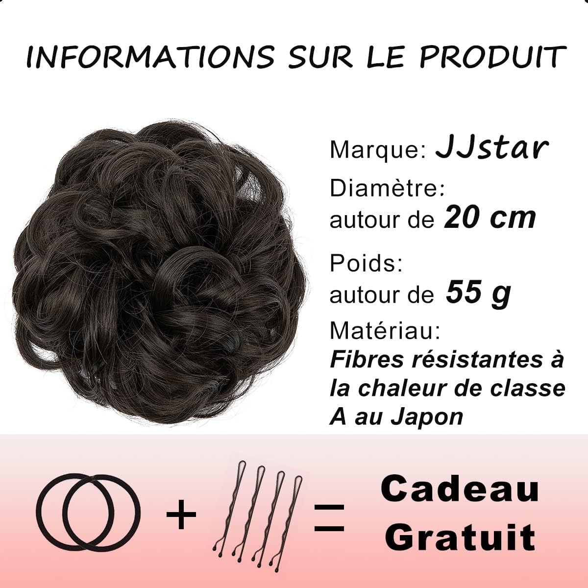 JJstar - Chignon postiche bouclé, élastique, cheveux naturels, noir marron