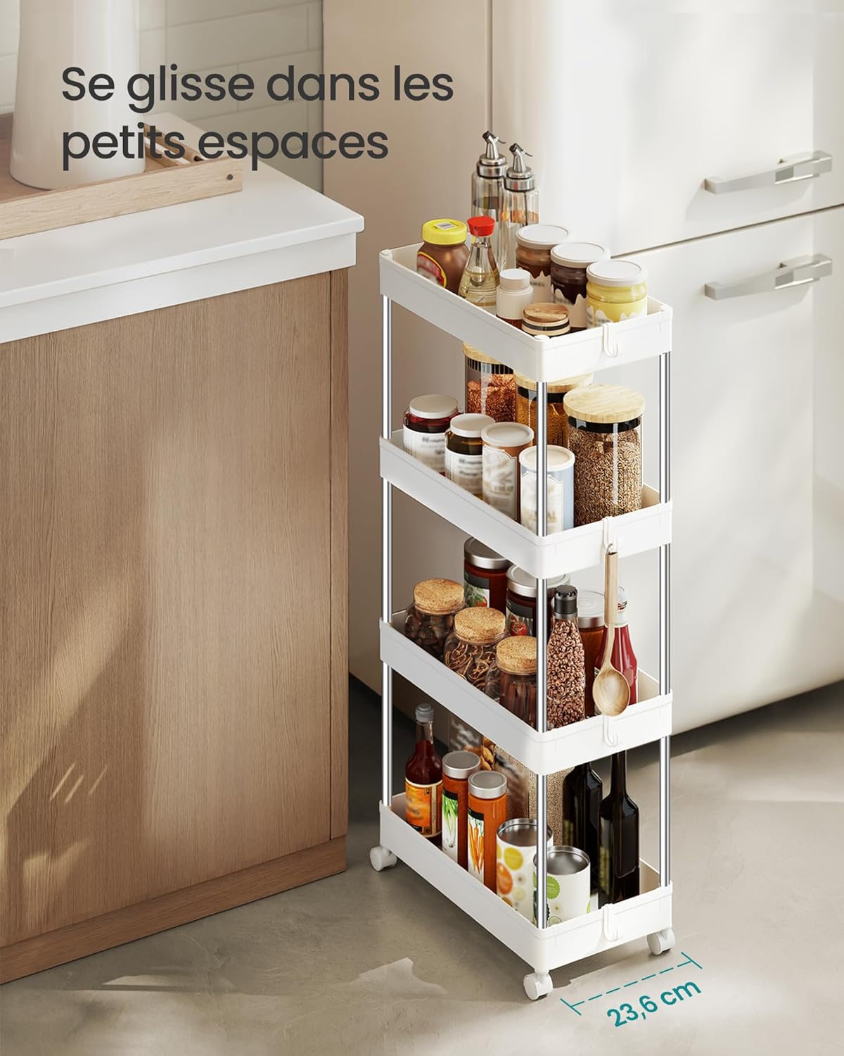 SONGMICS - chariot cuisine 4 niveaux, acier, 23,6x42x86cm, 6 crochets, KSC10WT