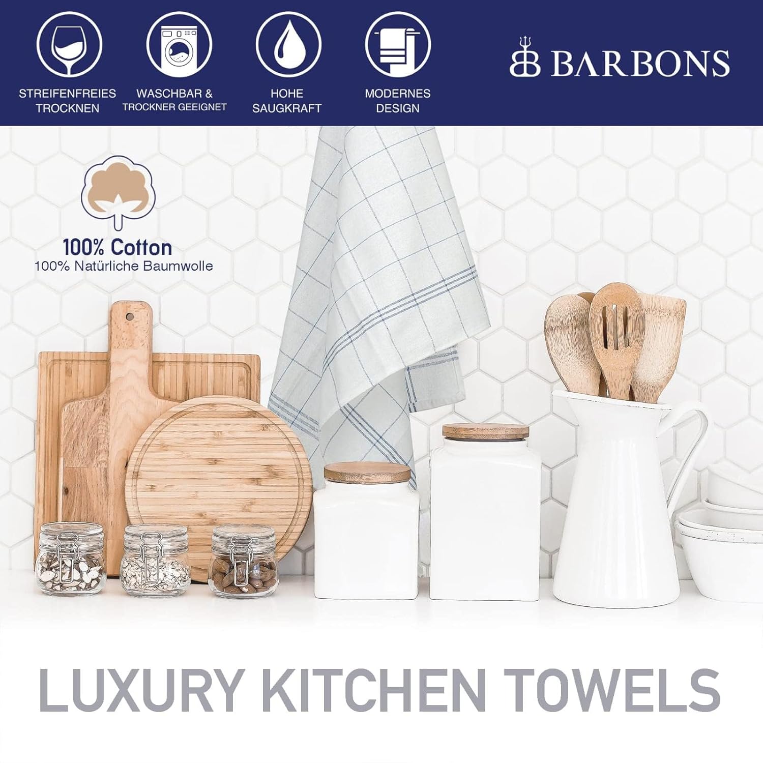 BARBONS - Lot 20 torchons à carreaux 50x70 cm - coton Oeko-TEX, bleu