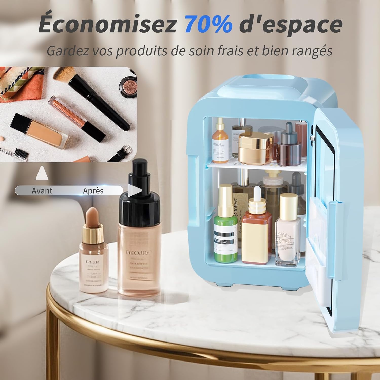 YASHE - Mini Frigo 4L - miroir LED, portable, chauffe et refroidit