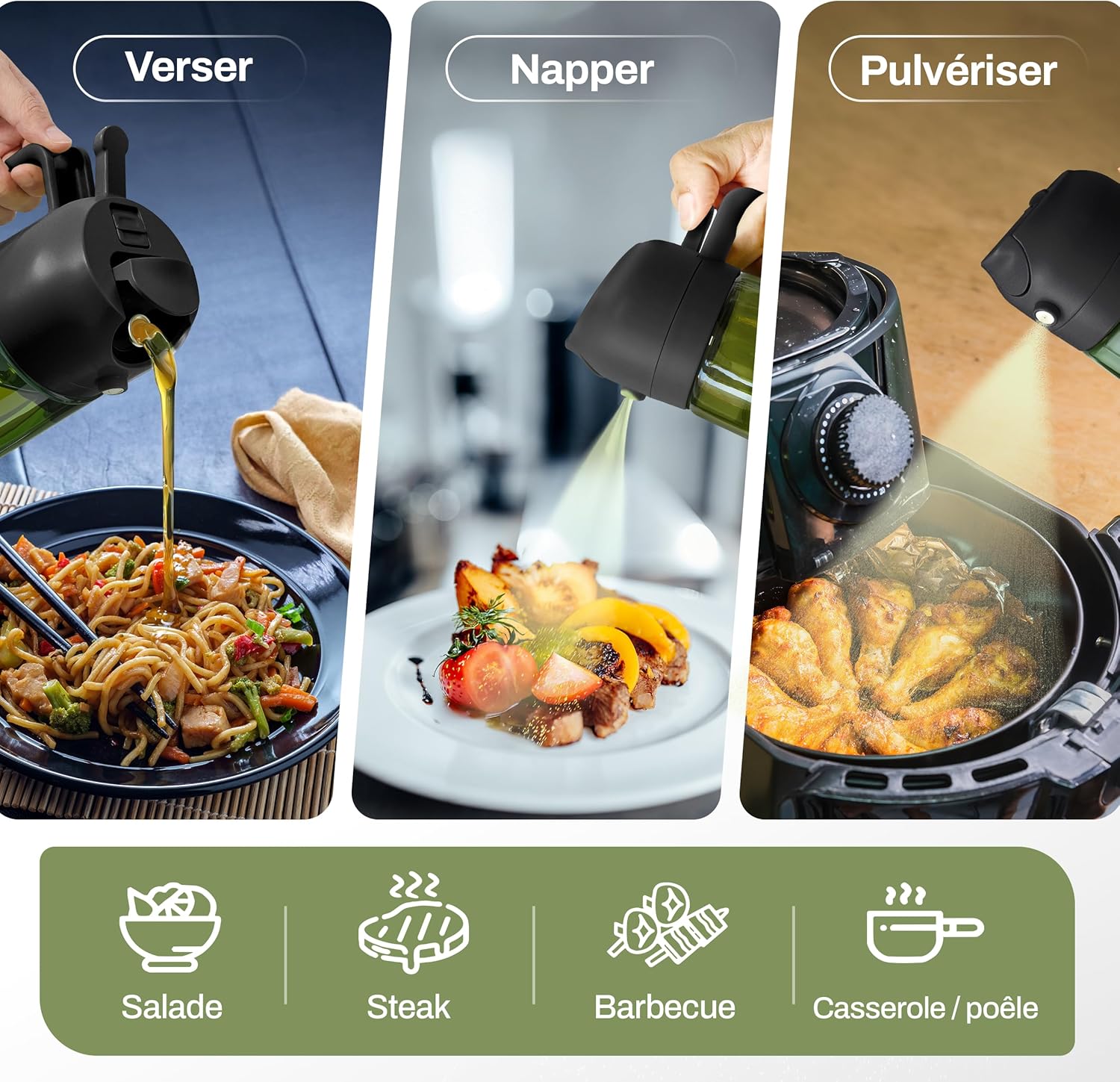 PORTENTUM - spray huile cuisine 2 en 1 470ml - verre vert, spray et verseur