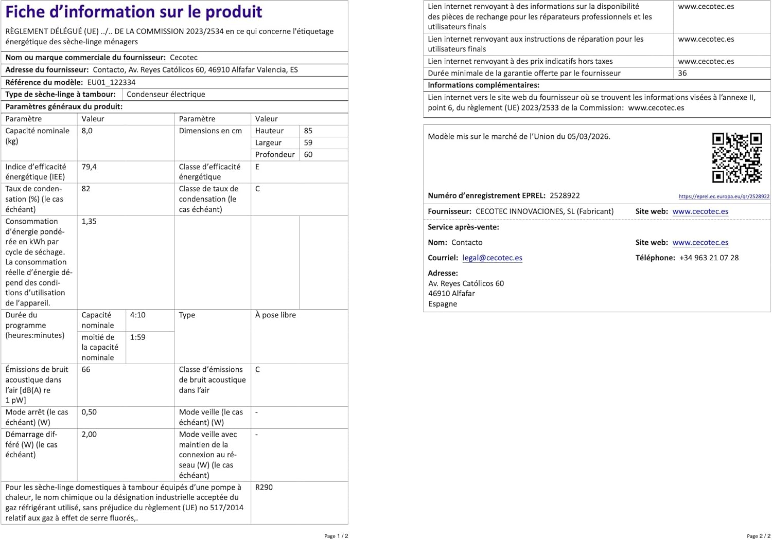 Cecotec - Bolero Dresscode Dry 8180 - 8kg - Pompe à chaleur, 15 programmes, faible conso, anti-froissage - 8180