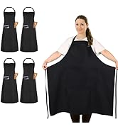 avec sangles de cou et liens de taille réglables. Quatre tabliers pliés sont montrés, dont l'un est porté par une personne couvrant entièrement la poitrine jusqu'aux genoux