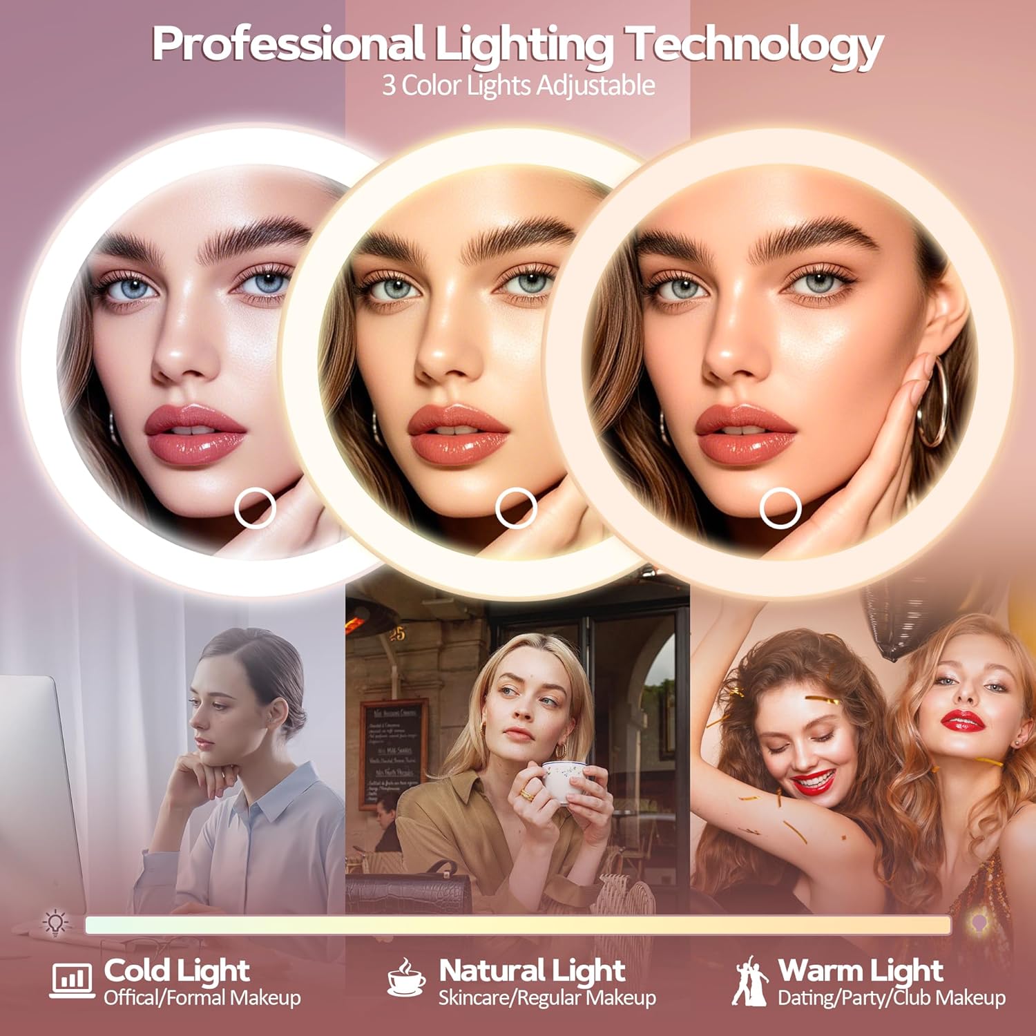 Miroir grossissant - 30x, éclairage LED, ventouse, or rose, maquillage précision