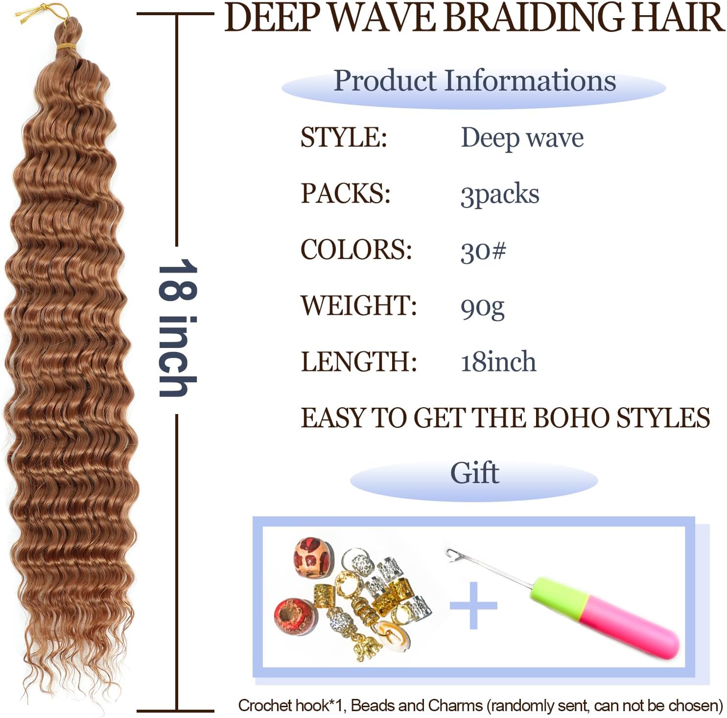 Extensions cheveux - Ocean Wave Deep Wave - 18 pouces - synthétiques bouclés, pack de 3, couleur 30#