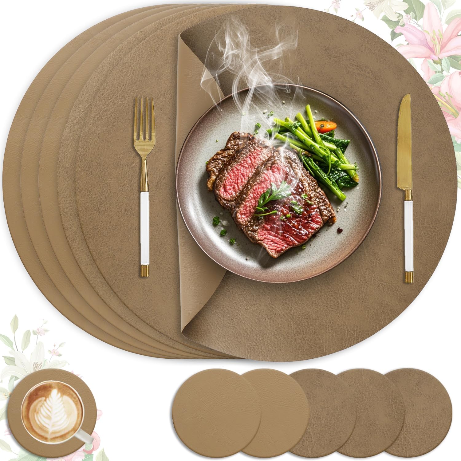 Set de Table - lot de 6 ronds PU double face 36x36cm, lavables, antidérapants, Kaki