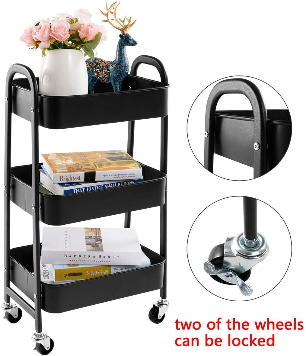 DOEWORKS - Chariot de rangement 3 niveaux métal, roulettes, noir