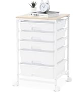 SYKIARIOL Chariot de rangement sur roues, chariot à roulettes avec 5 tiroirs, chariot polyvalent avec table en bois...