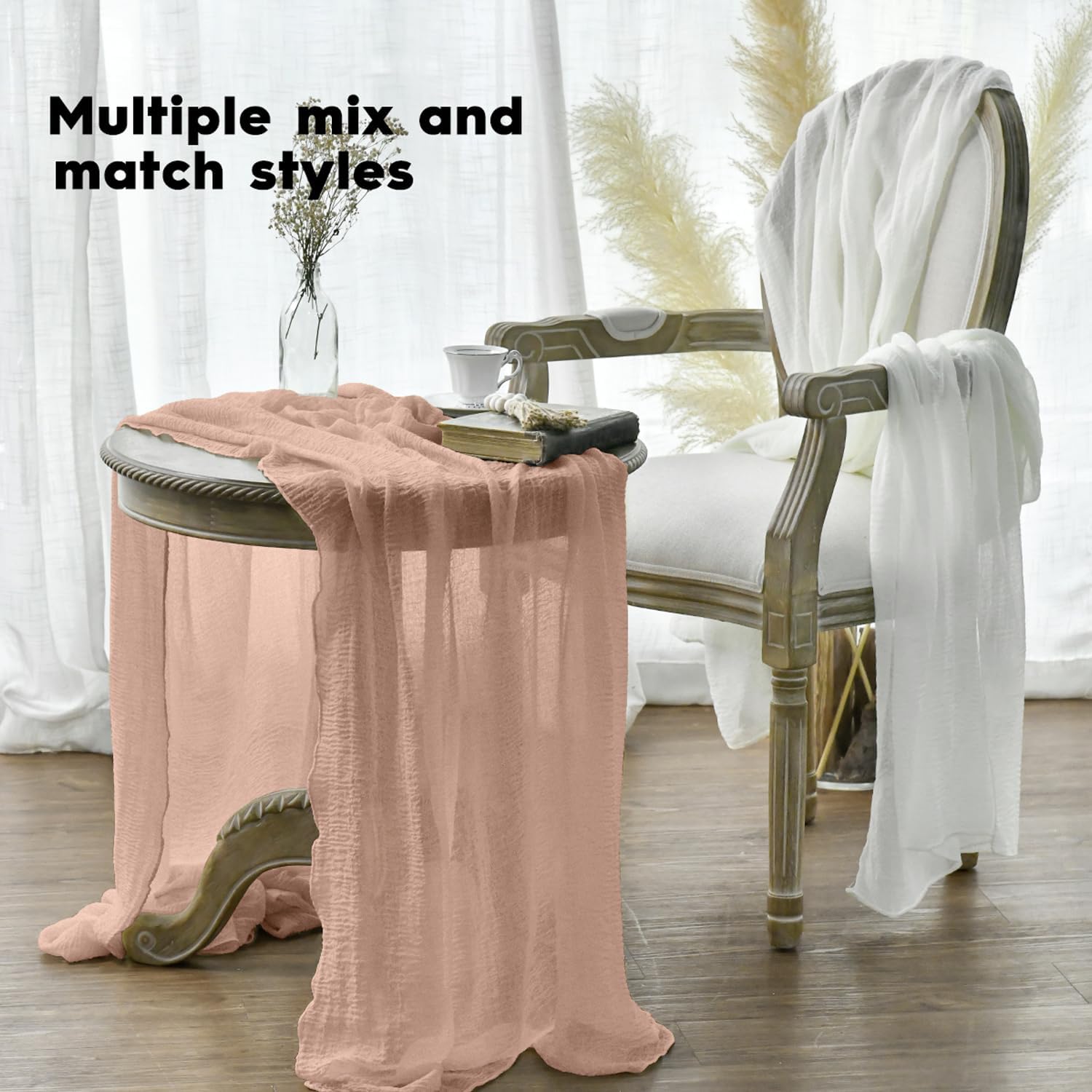 Artoid Mode - chemin de table bohème pêche, 300 cm, gaze mousseline