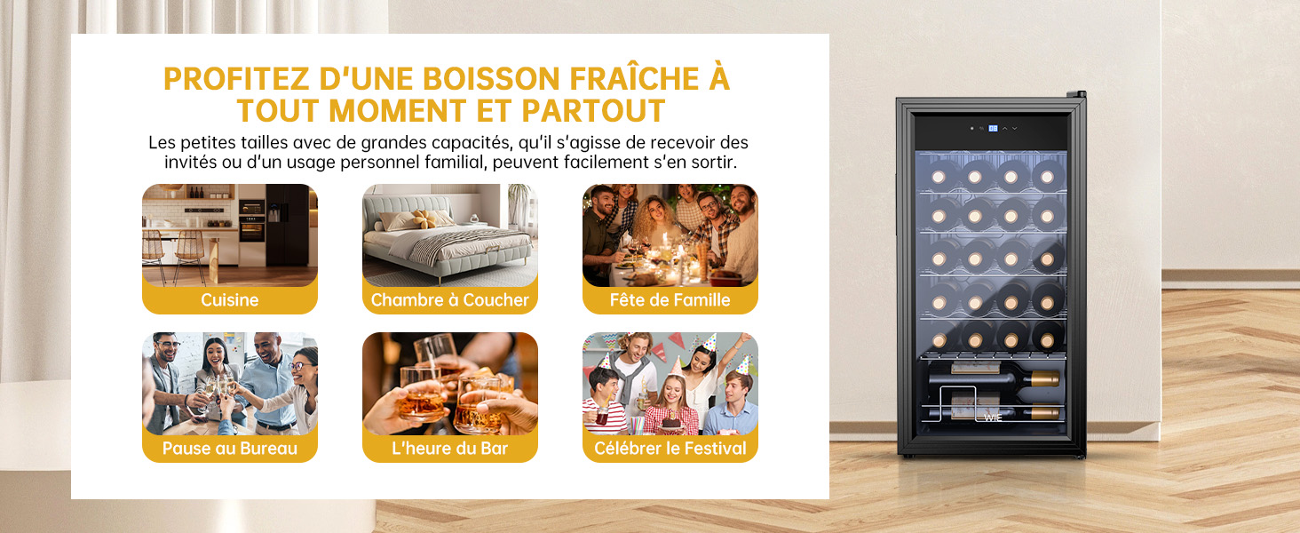 présente des images d'utilisation du mode de vie aux côtés d'un refroidisseur de boissons moderne avec éclairage intérieur à LED bleues