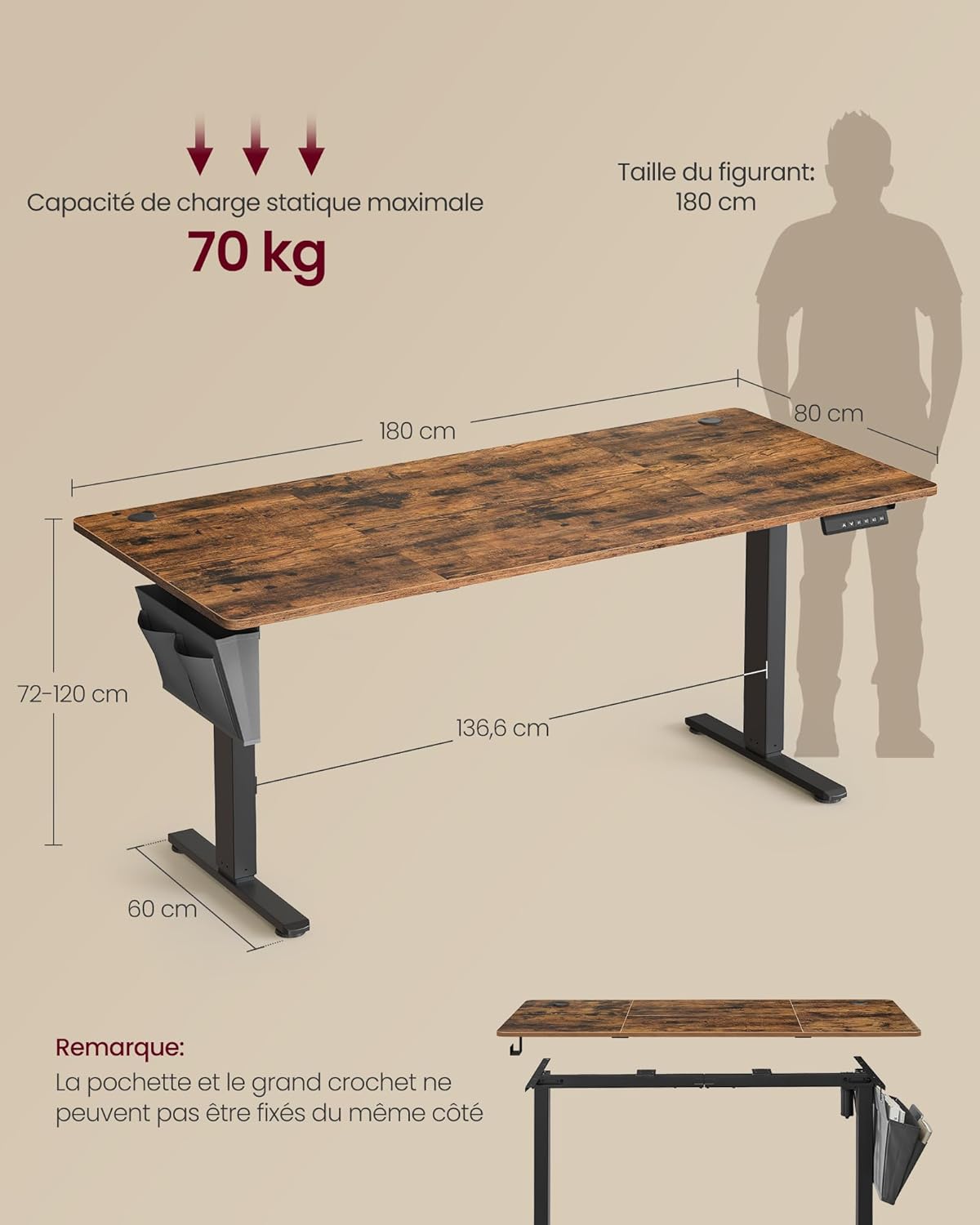 SONGMICS - bureau électrique réglable - 180x80 cm - 4 hauteurs mémoire, assis-debout, marron rustique - LSD138K01