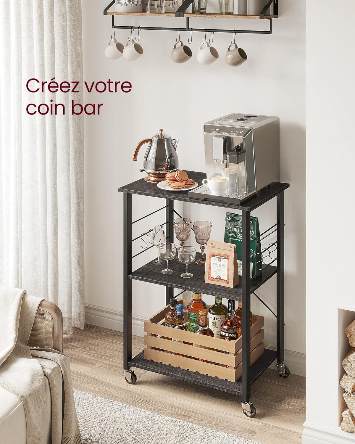 VASAGLE - étagère de cuisine, 3 niveaux, 40x60x89 cm, roulettes, 6 crochets, KKS060B42