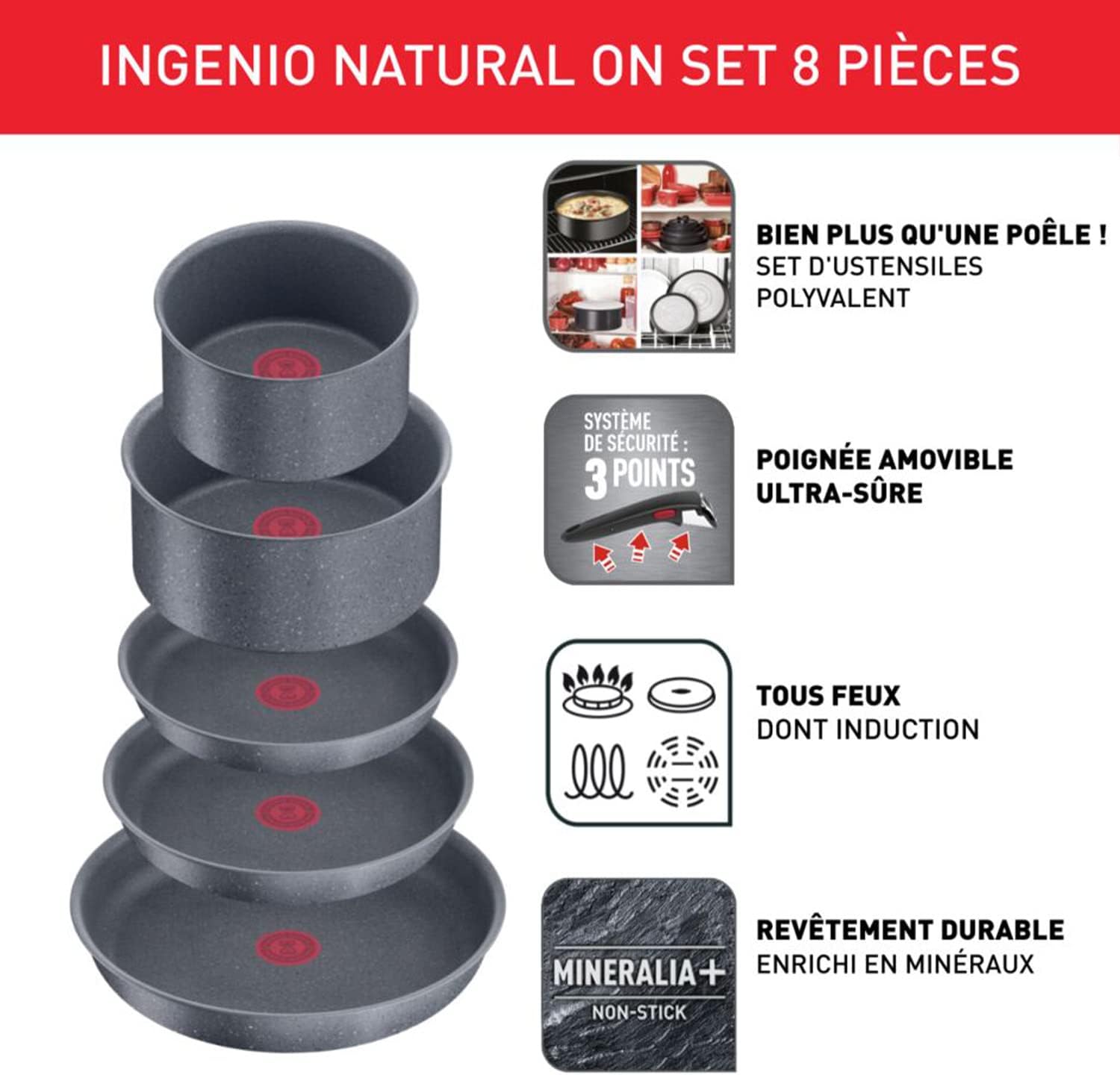 Tefal - Ingenio Natural On - batterie cuisine 8 pièces induction, revêtement antiadhésif, empilable, poignée amovible, l