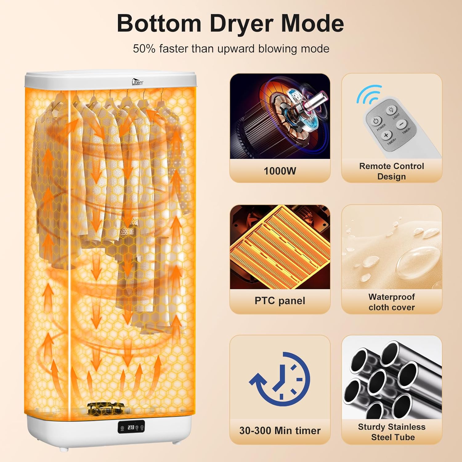 Sèche-linge électrique portable - 1000W, minuterie, télécommande, compact, idéal voyages et petits espaces