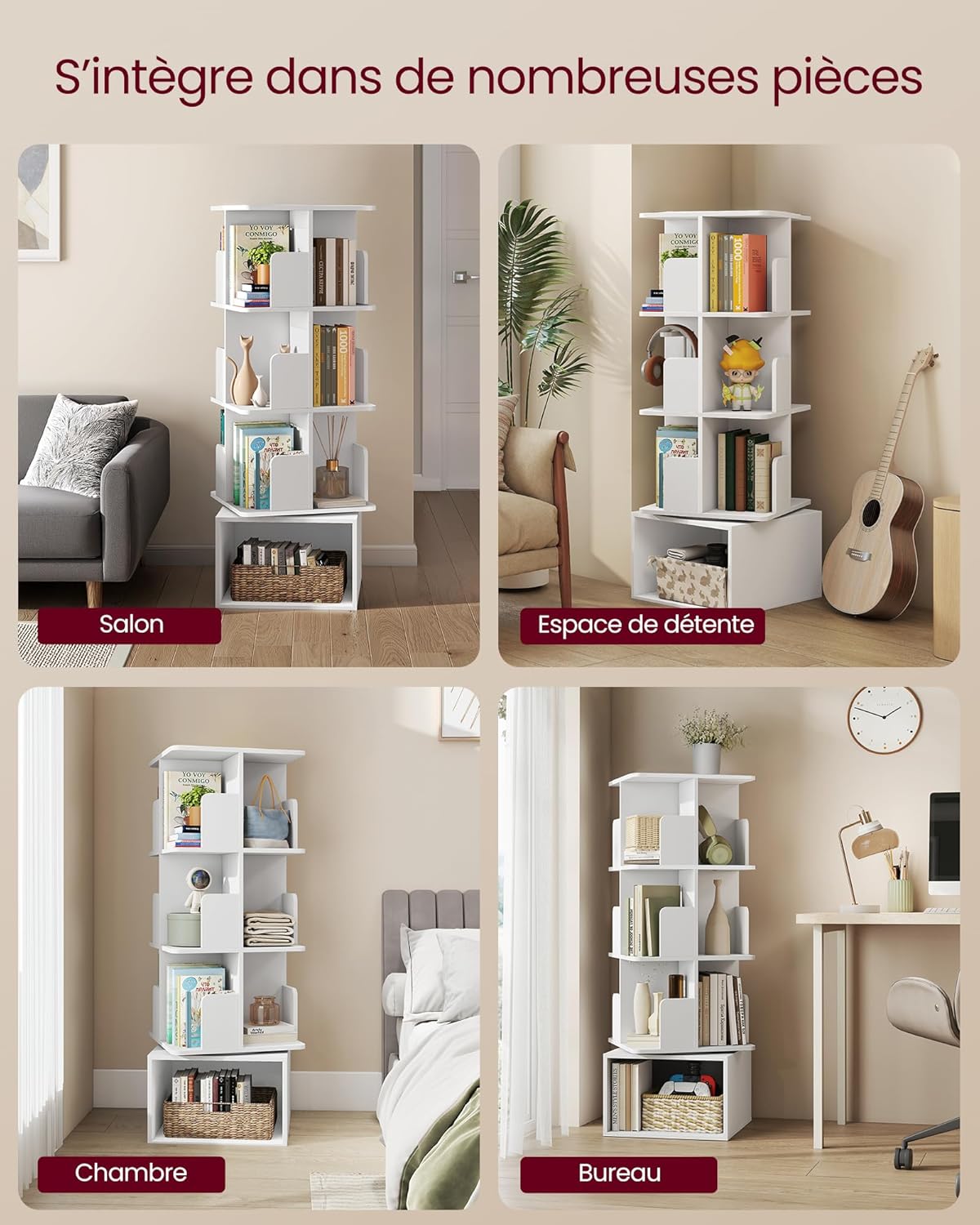 VASAGLE - Custos Collection - 40x40x124,6 cm - bibliothèque rotative 4 niveaux, pivot 360°, blanc nuage LBC471WB01