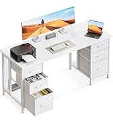 Coleshome Bureau avec 6 Tiroirs, 160x52 cm Bureau Informatique avec Rangement, Bureaux Blanc pour...