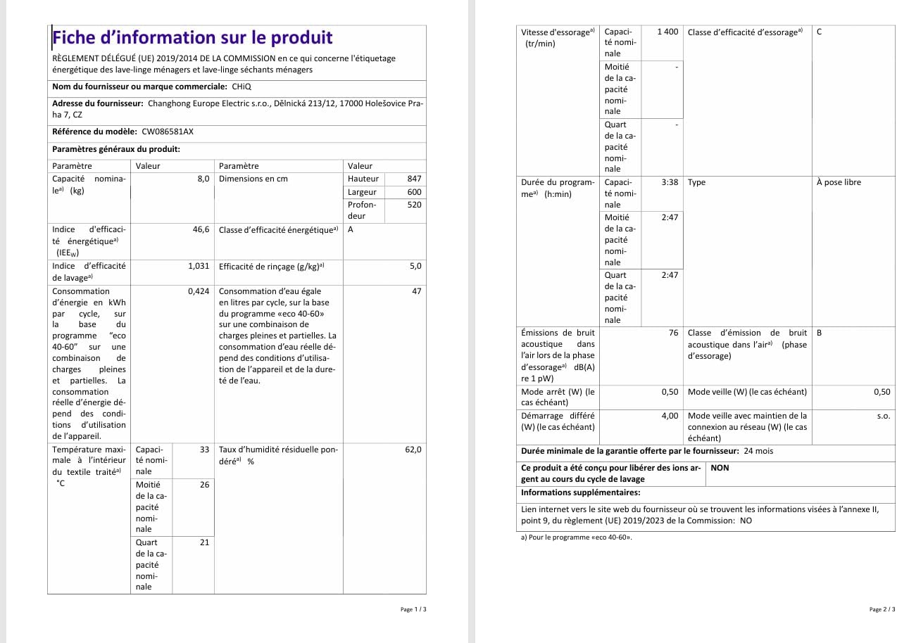 CHiQ - Lave-linge 8kg, écran LED tactile, vapeur, 1400tr/min, CW086581AX