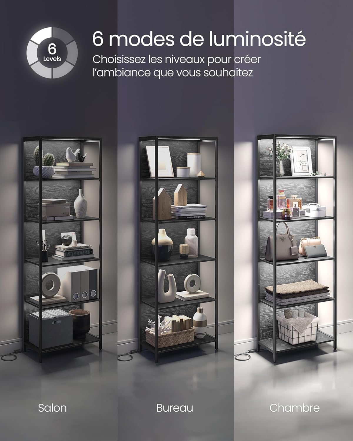 VASAGLE - bibliothèque 6 niveaux, LED, acier, 30,3x60x178,6 cm, LLS120B57